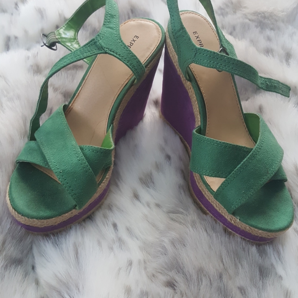 Express green and purple faux suede sandal